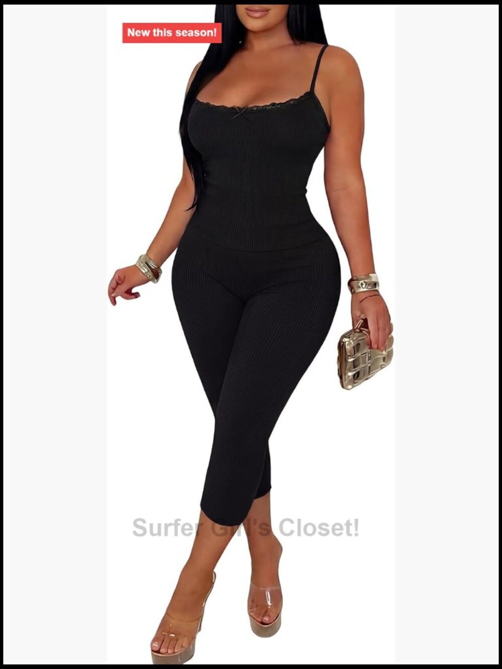 2 Piece Outfits Rib Knit Spaghetti Strap Lace Trim Camisole Top Bodycon Capri